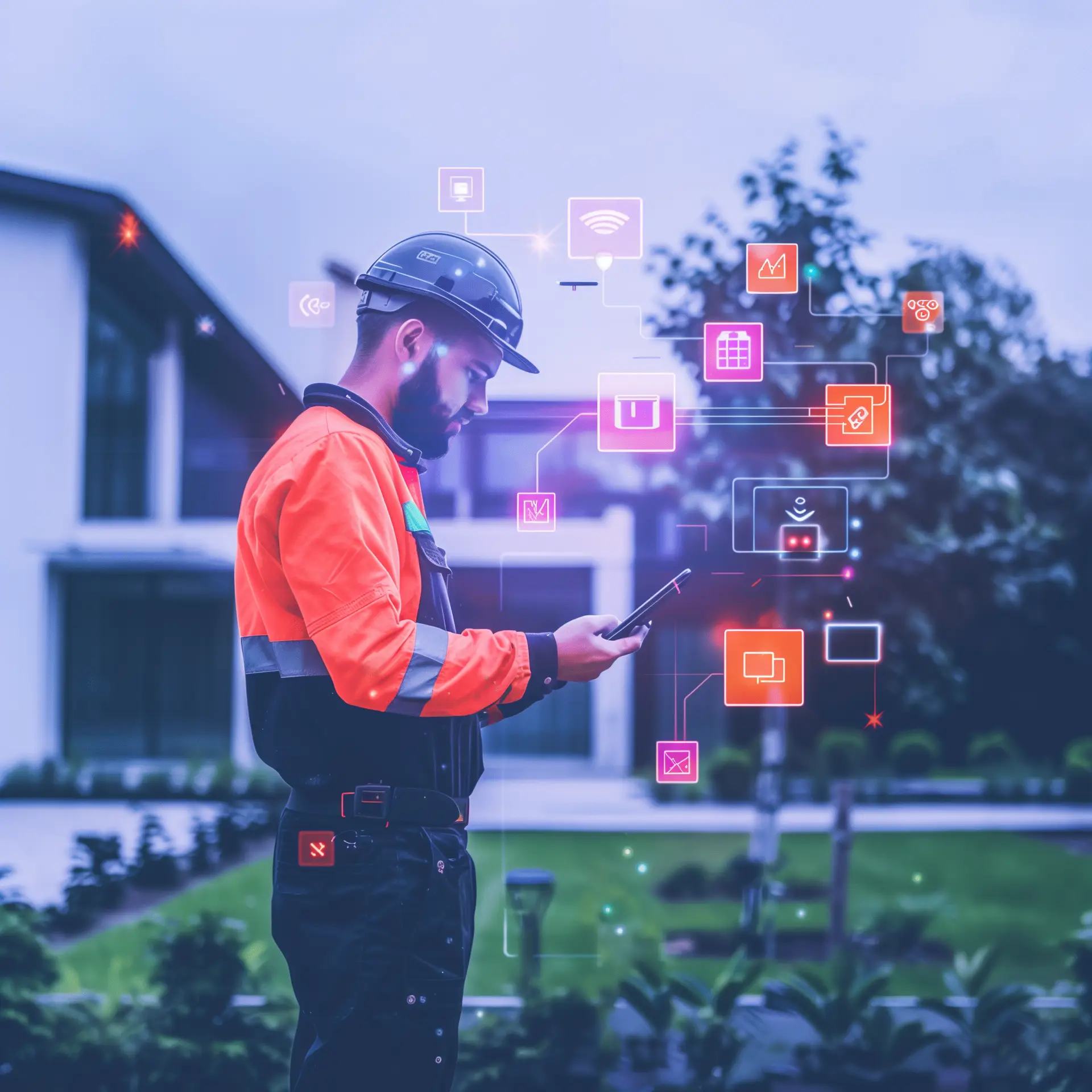 A young tradesperson is in front of a house in the sunshine using a tablet, overlaid with app icons floating showing automation magic happening in the background.
